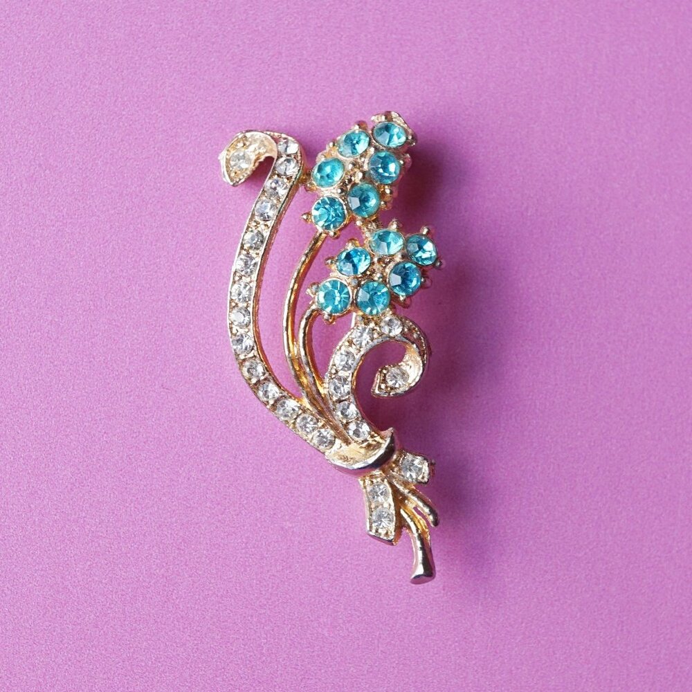 Mid-Century Floral Bouquet Brooch with Baby Blue & Clear Rhinestones, 1950s